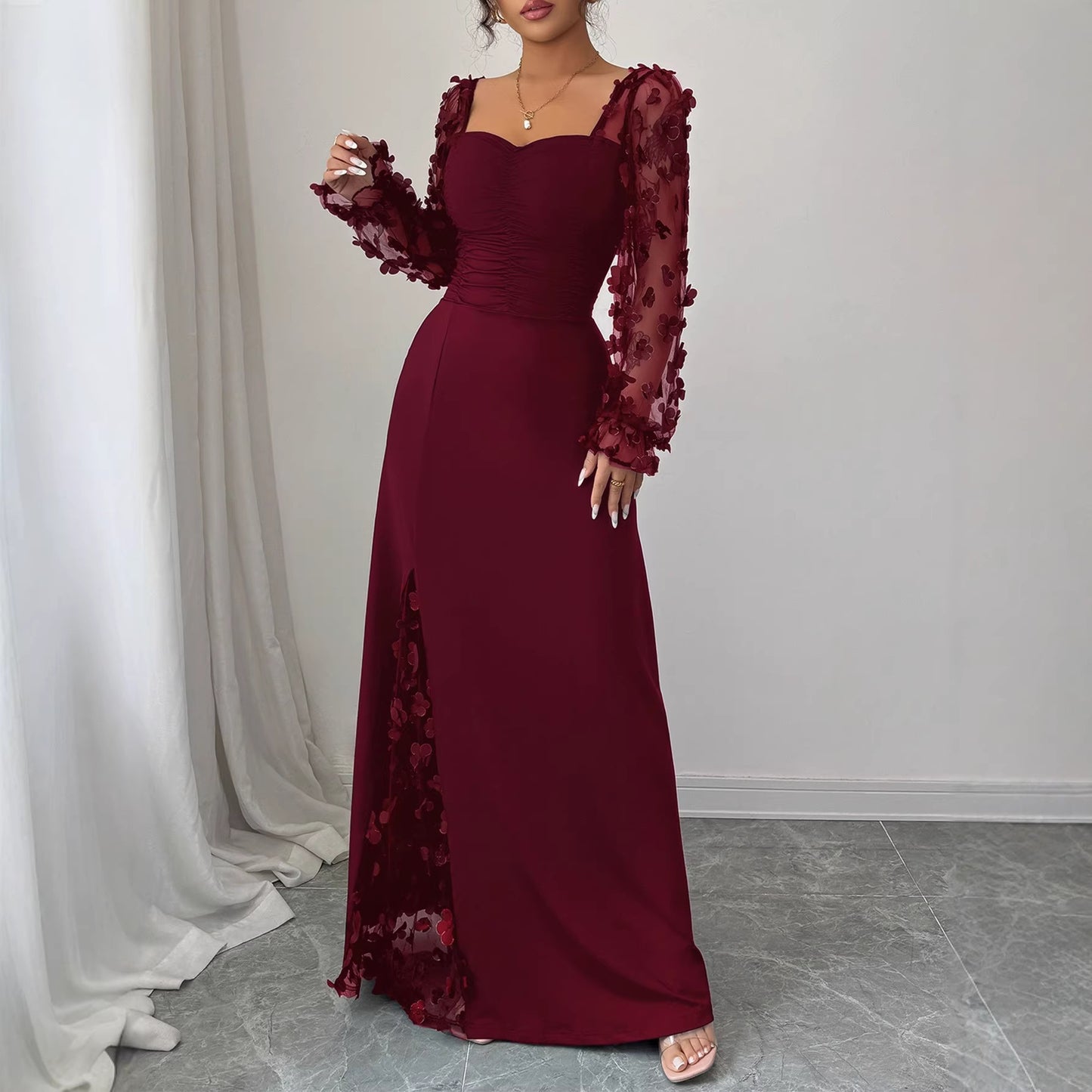 Square Neck Floral Applique Mesh Sleeve Maxi Dress
