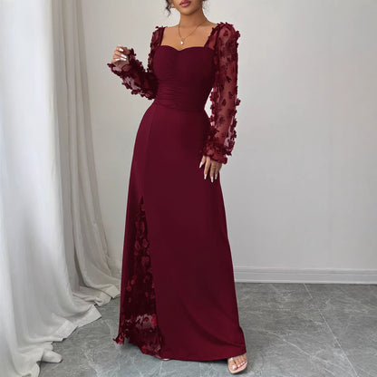 Square Neck Floral Applique Mesh Sleeve Maxi Dress