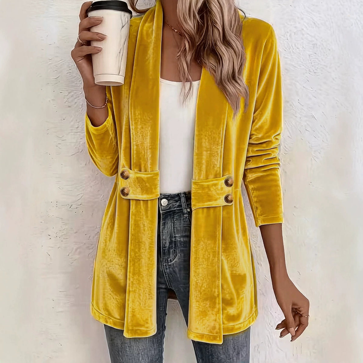 Women's Velvet Shawl Collar Long Sleeve Open Front Cardigan
