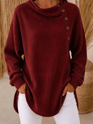 Women's Waffle Knit Cowl Neck Button Pullover Sweater