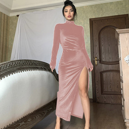 Women's Velvet Mock Neck Long Sleeve Ruched Slit Maxi Dress
