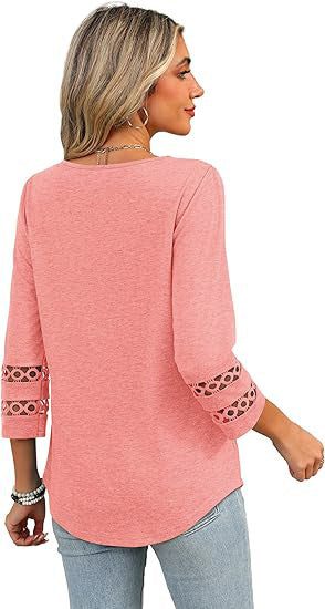 White V-Neck Lace Sleeve Casual Knit Top for Women