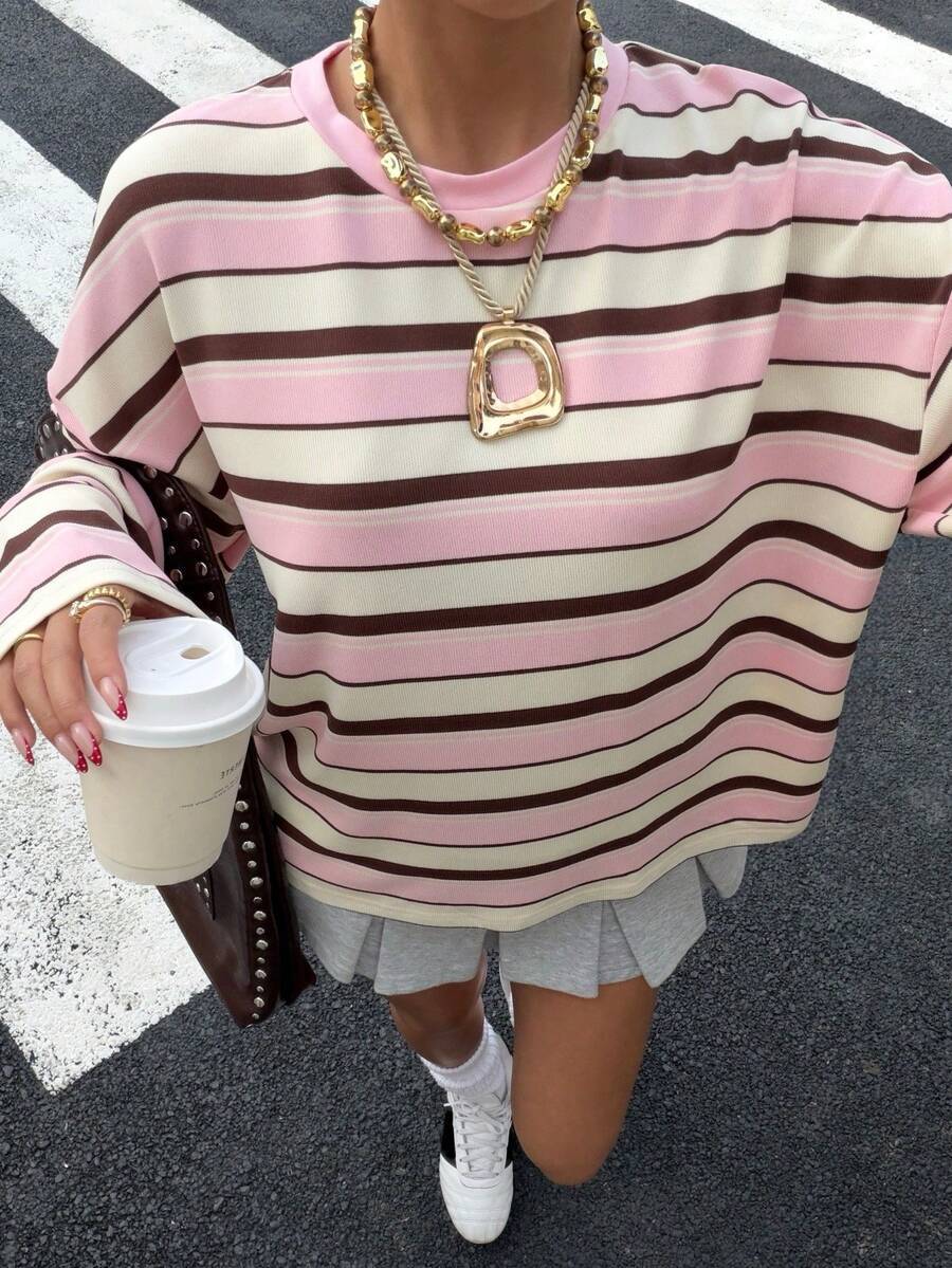 Oversized Colorblock Striped Crewneck Sweatshirt for Women