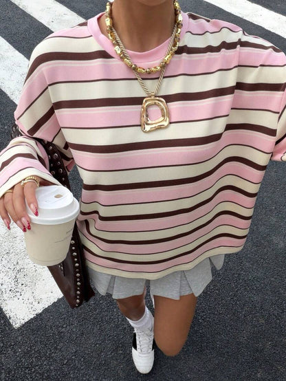Oversized Colorblock Striped Crewneck Sweatshirt for Women