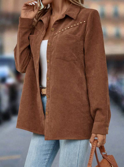 Women's Corduroy Shacket Studded Button Down Jacket