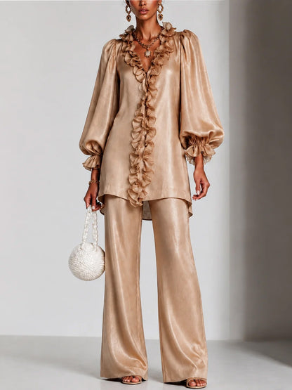 Women's Ruffle V-Neck Puff Sleeve Wide Leg Pants Set