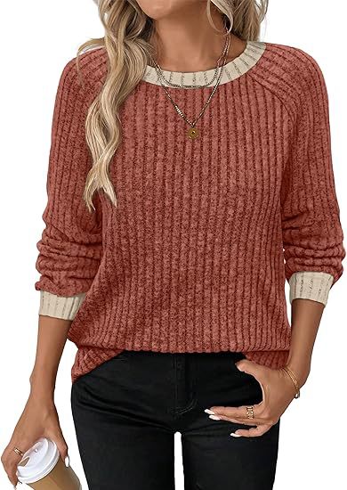 Women's Soft Ribbed Contrast Trim Long Sleeve Crew Neck Top