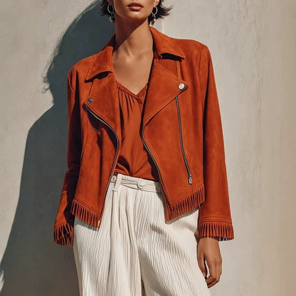Women's Faux Suede Fringe Moto Jacket Zip Up