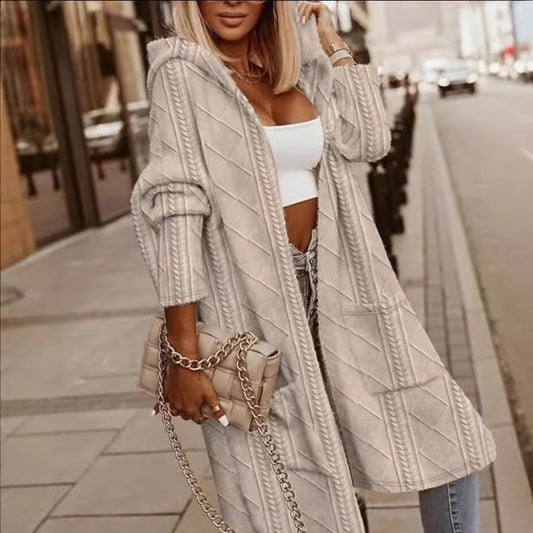 Women's Hooded Cable Knit Long Cardigan Coat with Pockets