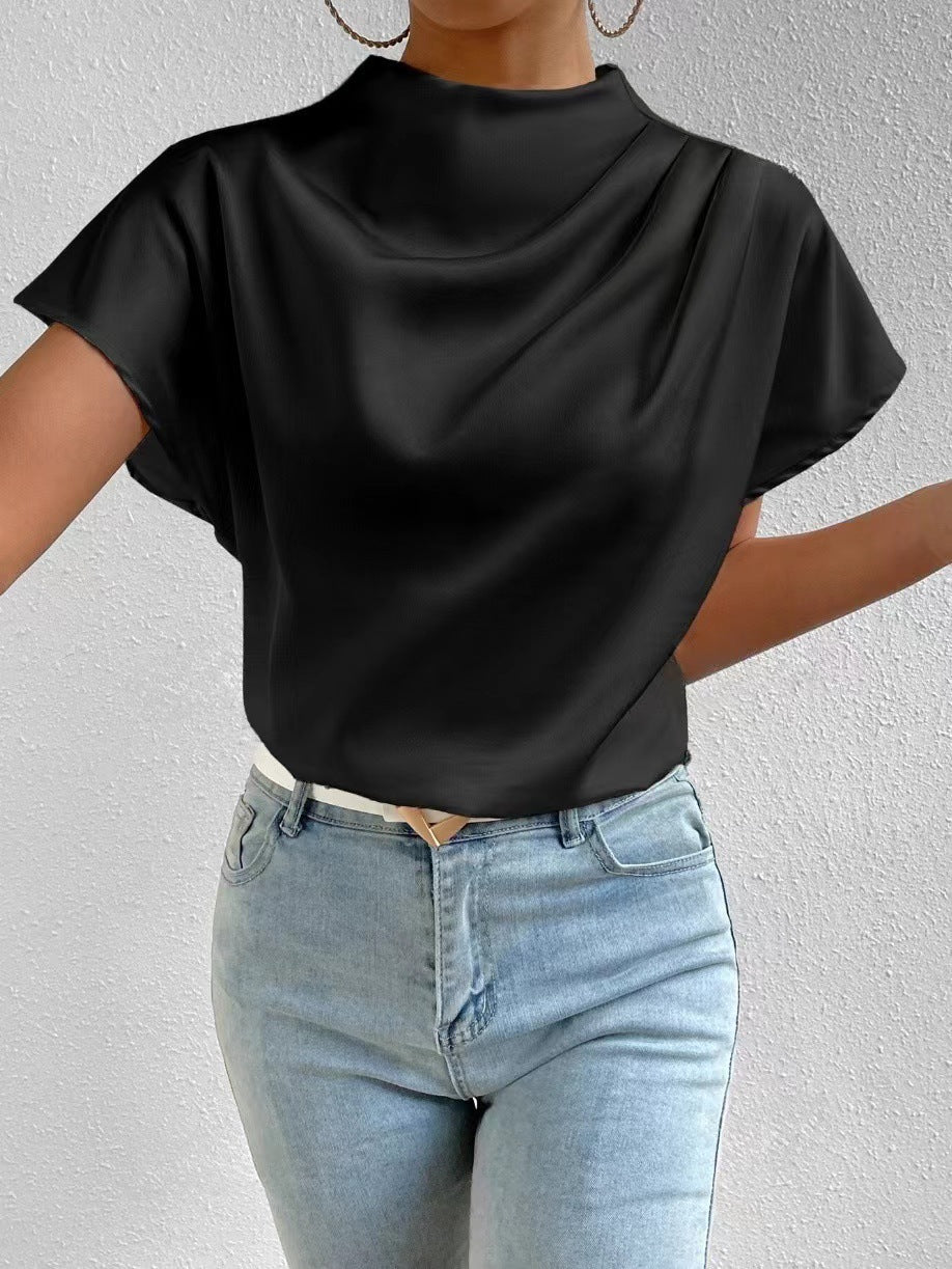 Women's Satin Mock Neck Draped Cap Sleeve Blouse
