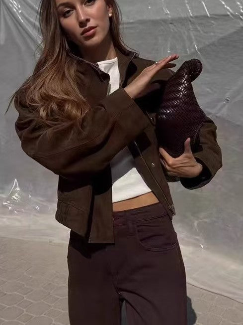 Women Vintage Brown Faux Suede Cropped Bomber Jacket