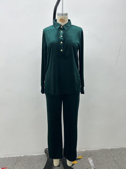 Women's Velvet Lounge Set Button Top & Wide Leg Pants