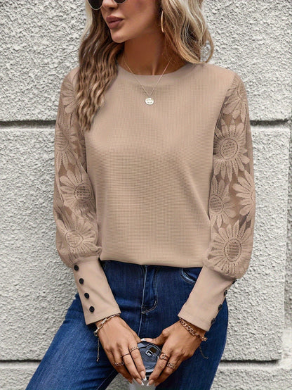 Women's Waffle Knit Lace Sleeve Crew Neck Casual Top