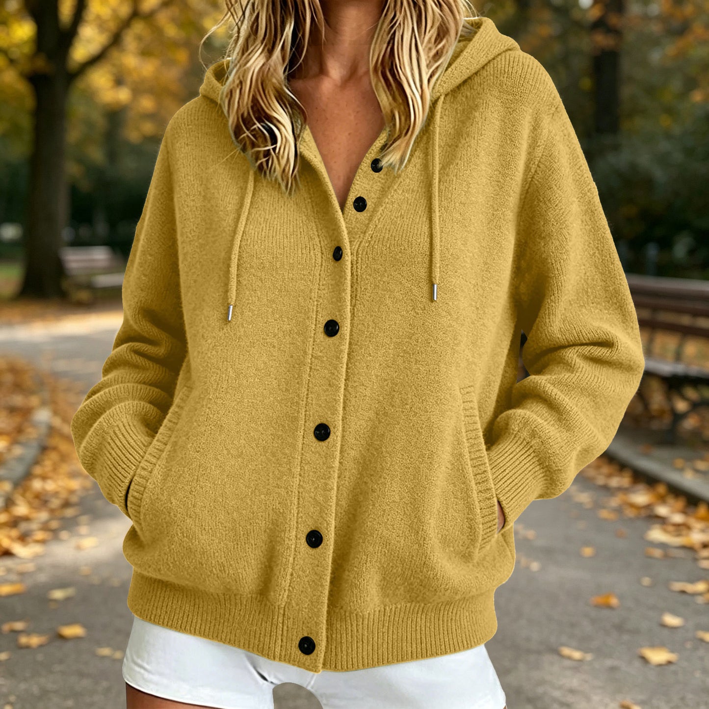 Women's Hooded Button Front Knit Cardigan Sweater Pockets