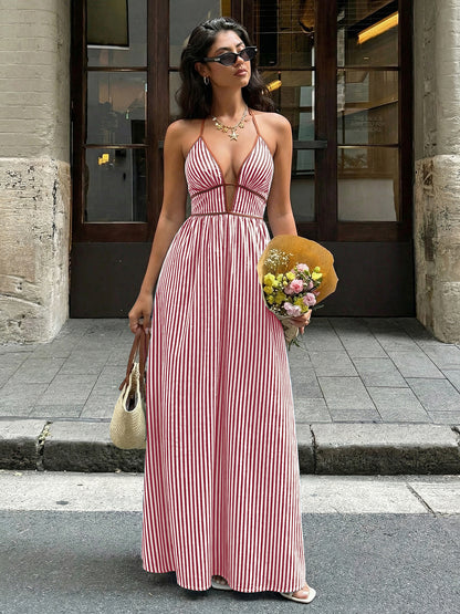Striped Halter Backless Maxi Dress Deep V Resort Dress