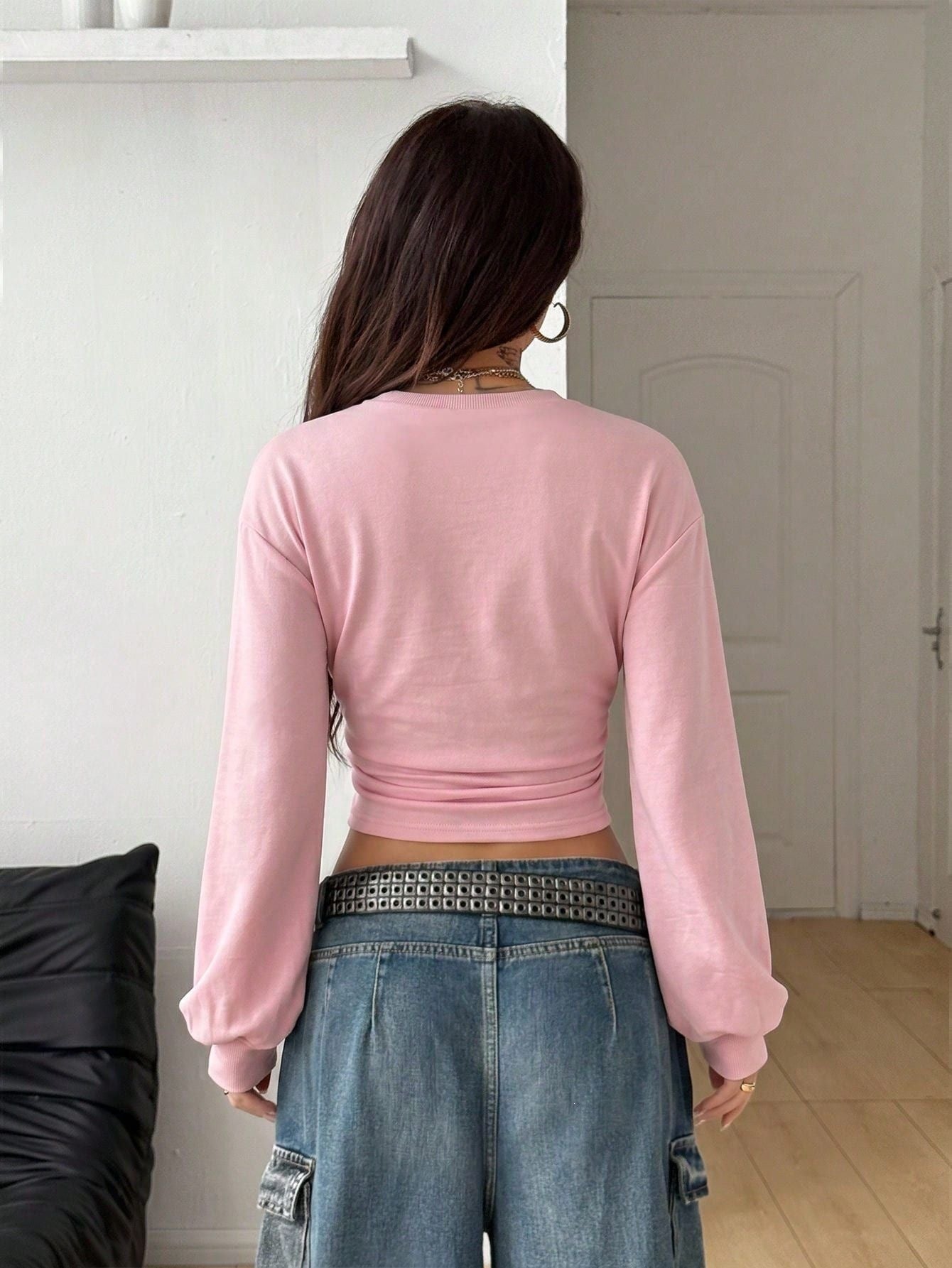 Y2K Crop Sweatshirt Slim Fit Solid Long Sleeve Top