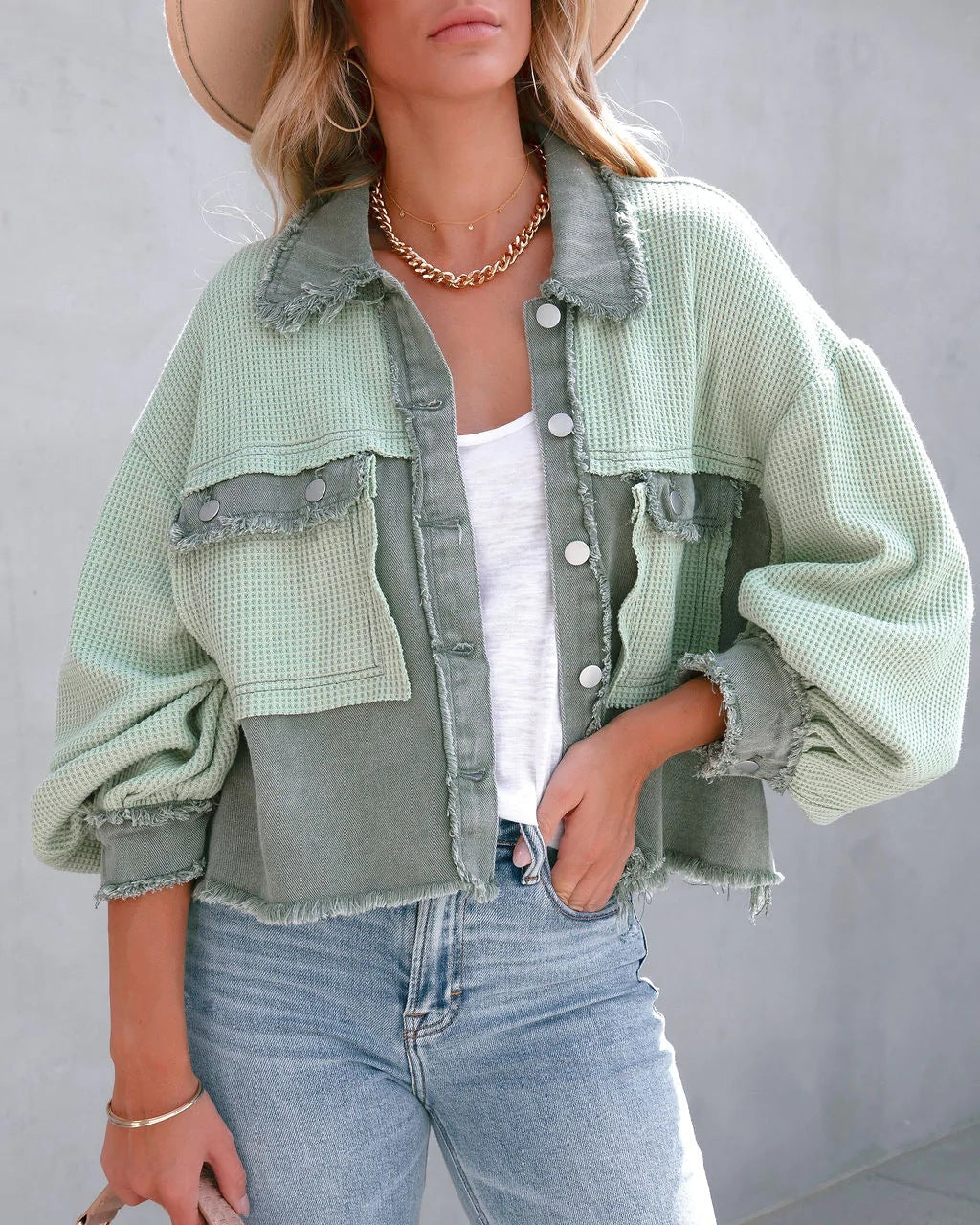 Women's Waffle Knit Patchwork Shacket Distressed Hem