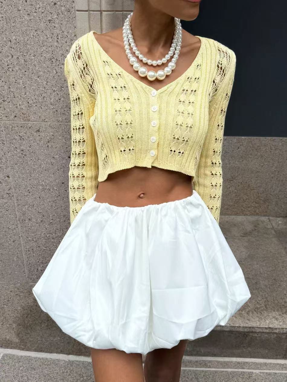 Women's Crochet Crop Cardigan V-Neck Bell Sleeve Top
