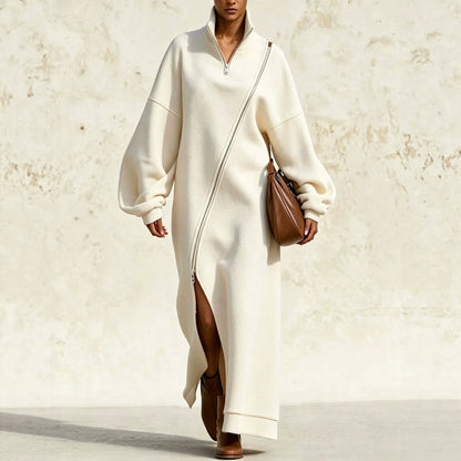 Half Zip Fleece Maxi Sweatshirt Dress Side Slit