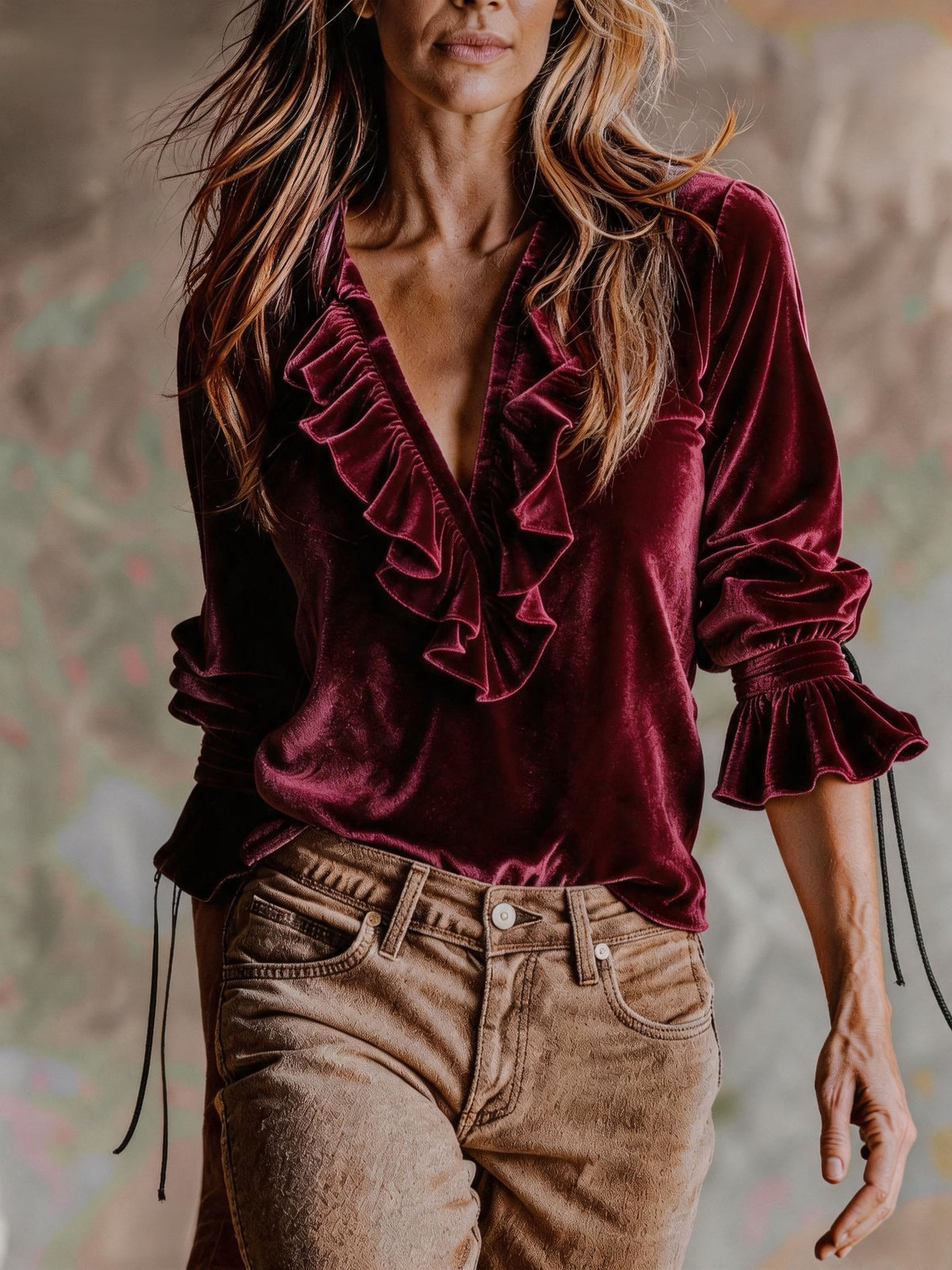 Velvet Ruffle V-Neck Boho Blouse Top