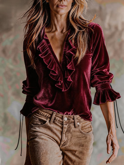 Velvet Ruffle V-Neck Boho Blouse Top