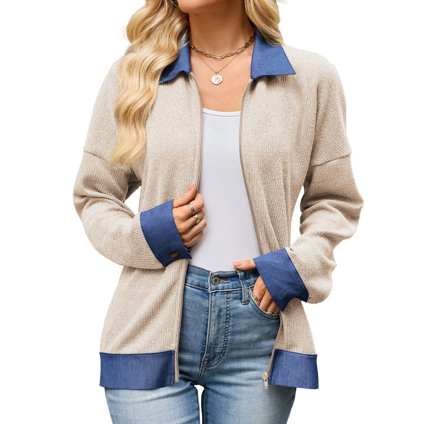 Women's Denim Contrast Zip Jacket Collared Long Sleeve
