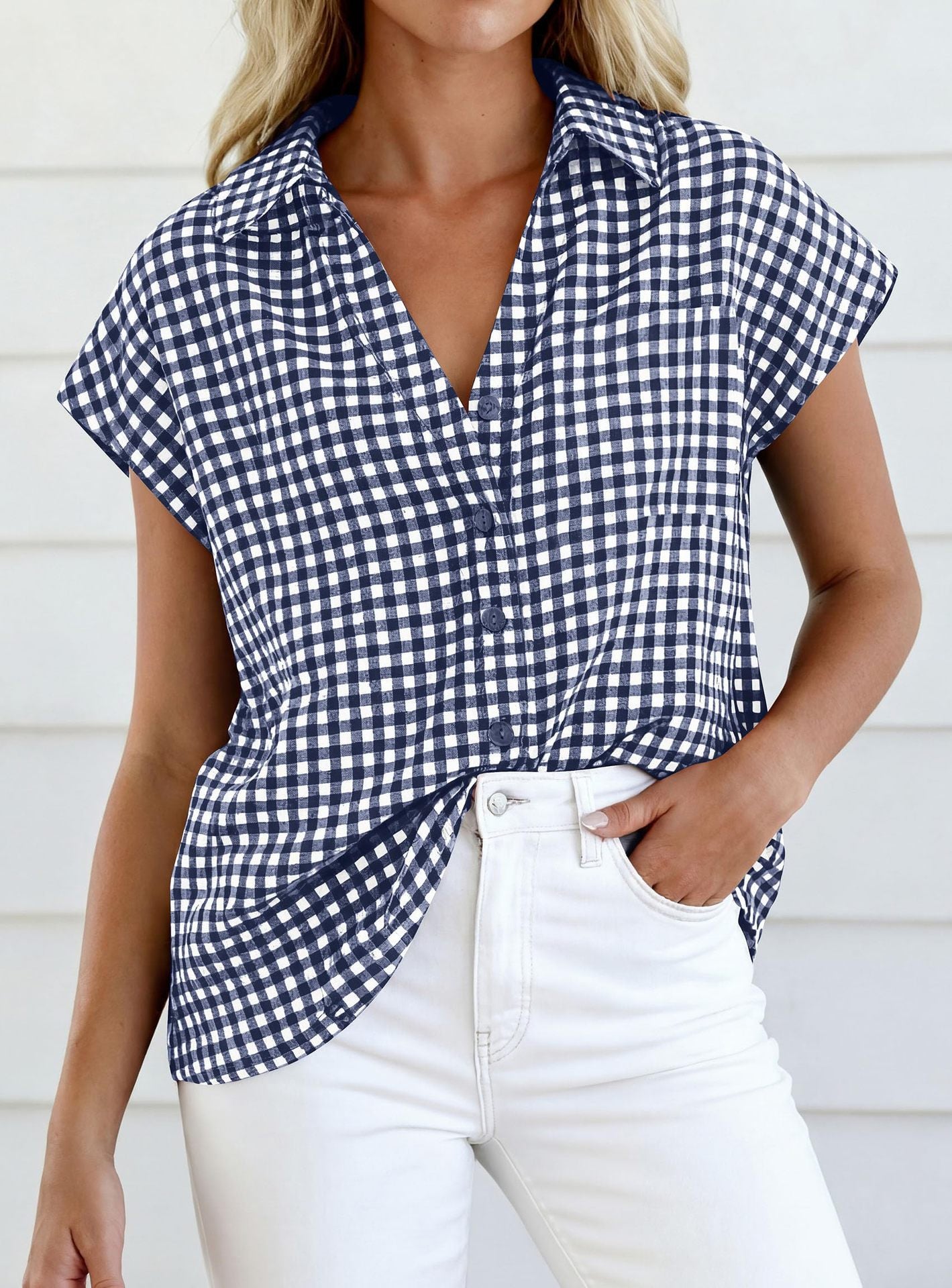 Gingham Button Down Short Sleeve Loose Fit Blouse