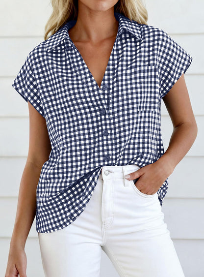 Gingham Button Down Short Sleeve Loose Fit Blouse