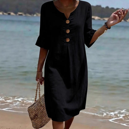 Women's Linen V-Neck Button Ruffle Sleeve Midi Dress