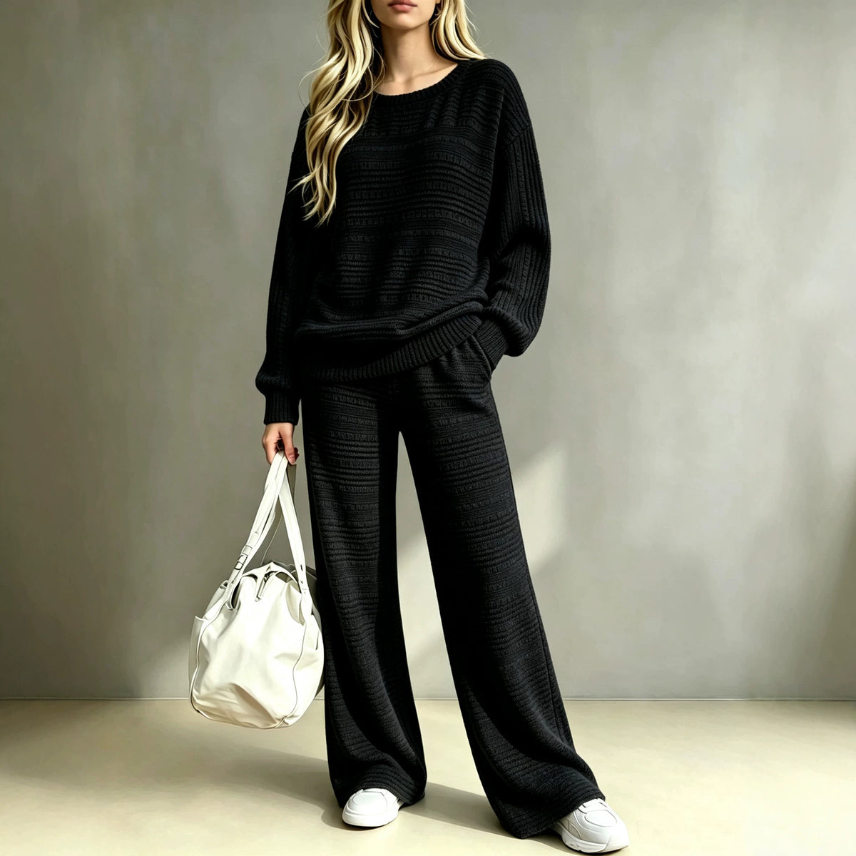 Women's Ribbed Knit Lounge Set Wide Leg Pants