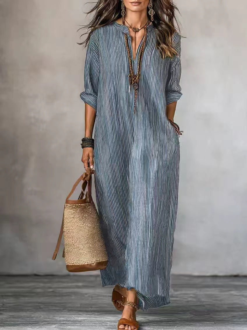 Striped V-Neck Maxi Dress Loose Casual 3/4 Sleeve