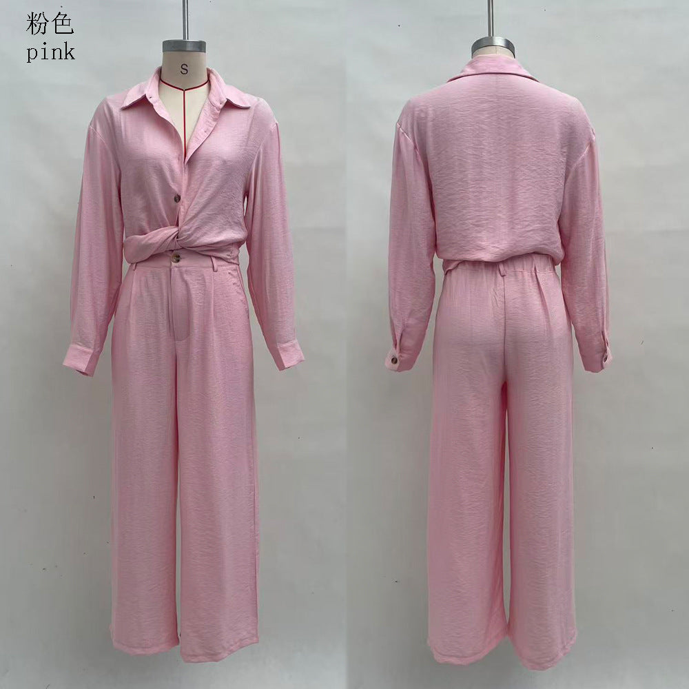 Women Two Piece Button Down Shirt & Pants Set