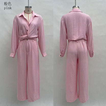 Women Two Piece Button Down Shirt & Pants Set