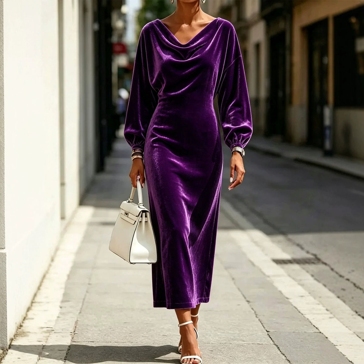 Velvet Cowl Neck Balloon Sleeve Bodycon Midi Dress