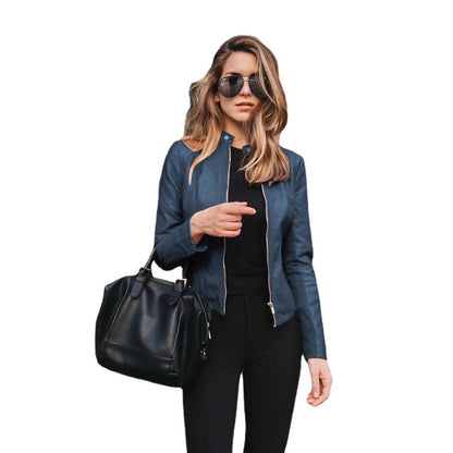 Women's Faux Leather Zip-Up Blazer Slim Fit Jacket