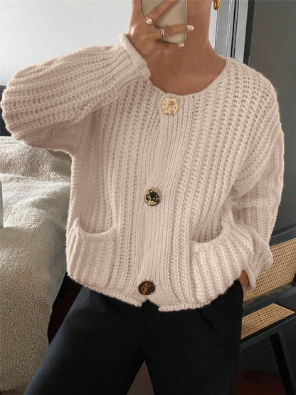 Chunky Knit Cardigan Oversized Button Front Pocket