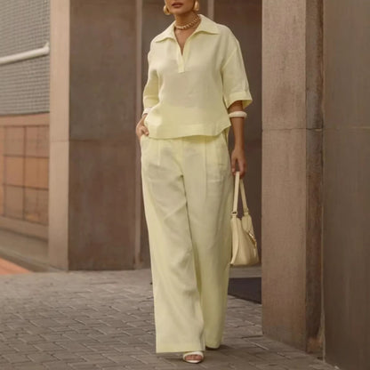 Women Oversized Collared Top Wide Leg Pants Matching Set