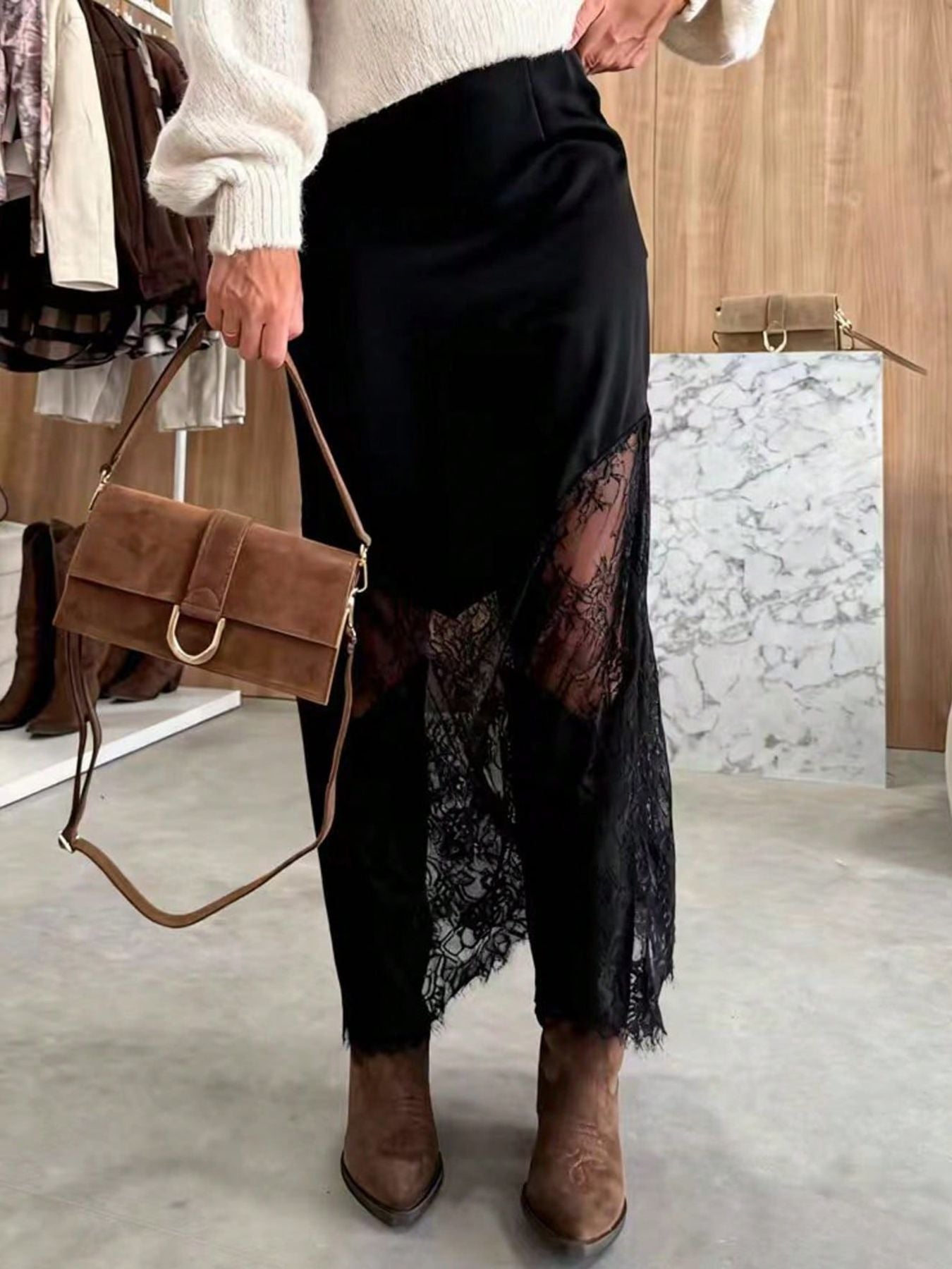 Women Satin Lace Patchwork Midi Skirt Bodycon