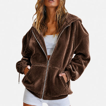 Velvet Zip Up Hoodie Relaxed Fit Hooded Jacket