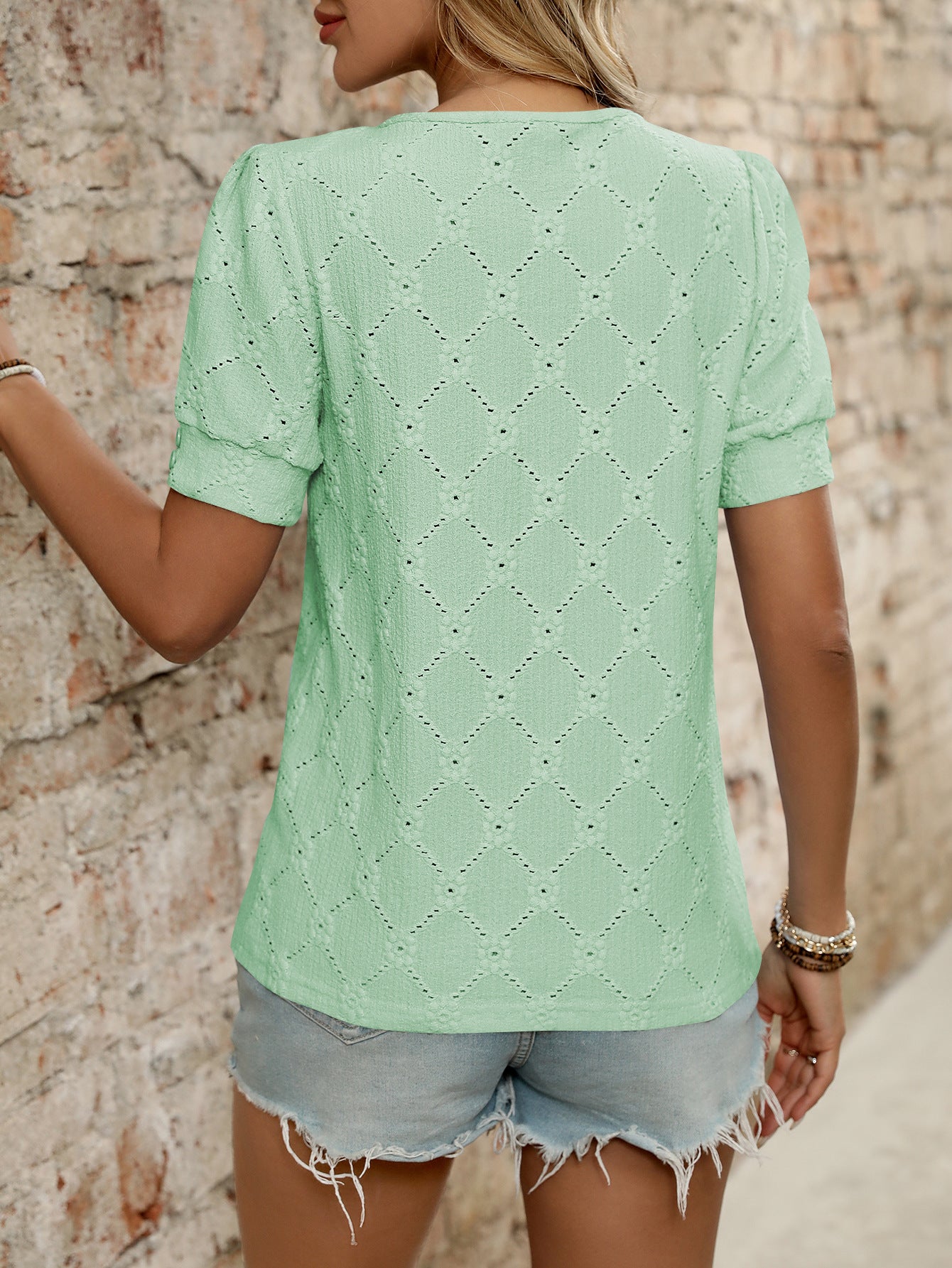 Light Blue Textured Knit Short Sleeve Button Neck Top