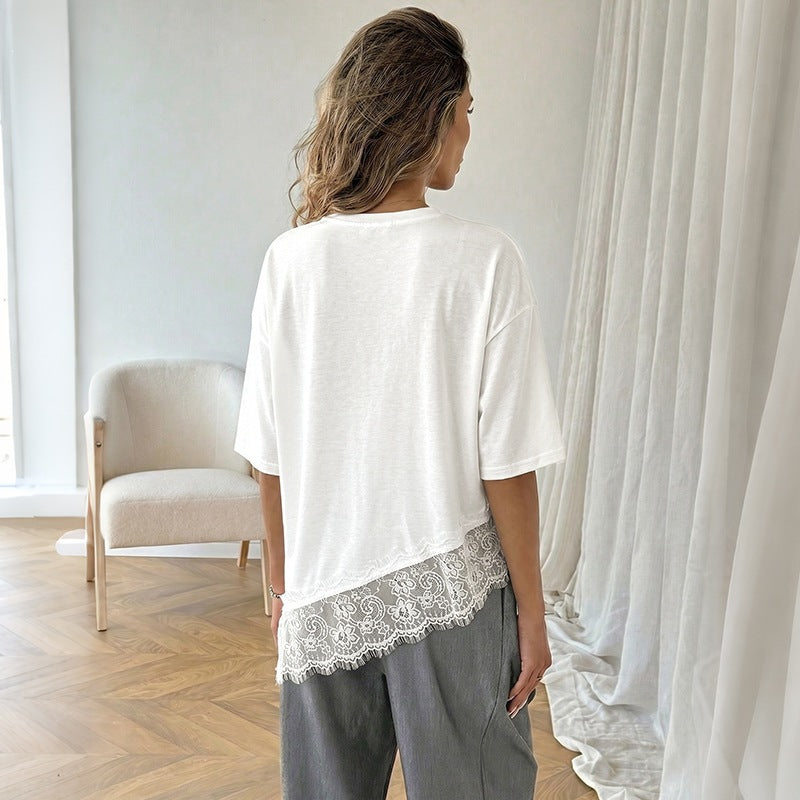 Lace Hem Knit Top Short Sleeve Casual Summer Blouse