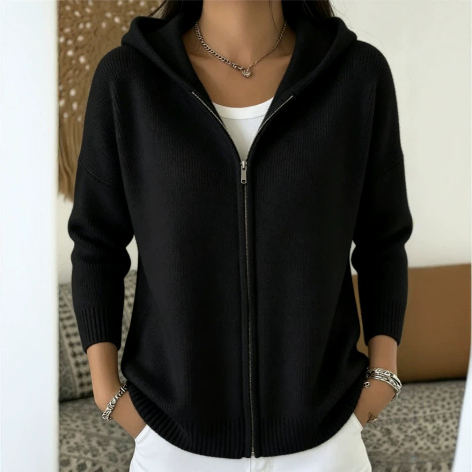 Women's Hooded Zip Up Knit Cardigan Sweater Jacket
