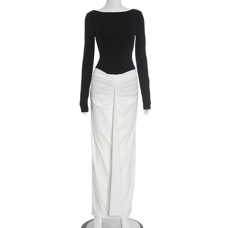 Two Tone Boat Neck Backless Ruched Long Sleeve Maxi Dress