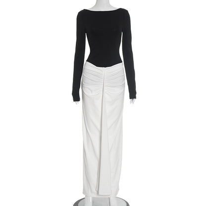 Two Tone Boat Neck Backless Ruched Long Sleeve Maxi Dress