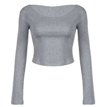 Y2K Gray Hooded Off Shoulder Crop Top Long Sleeve