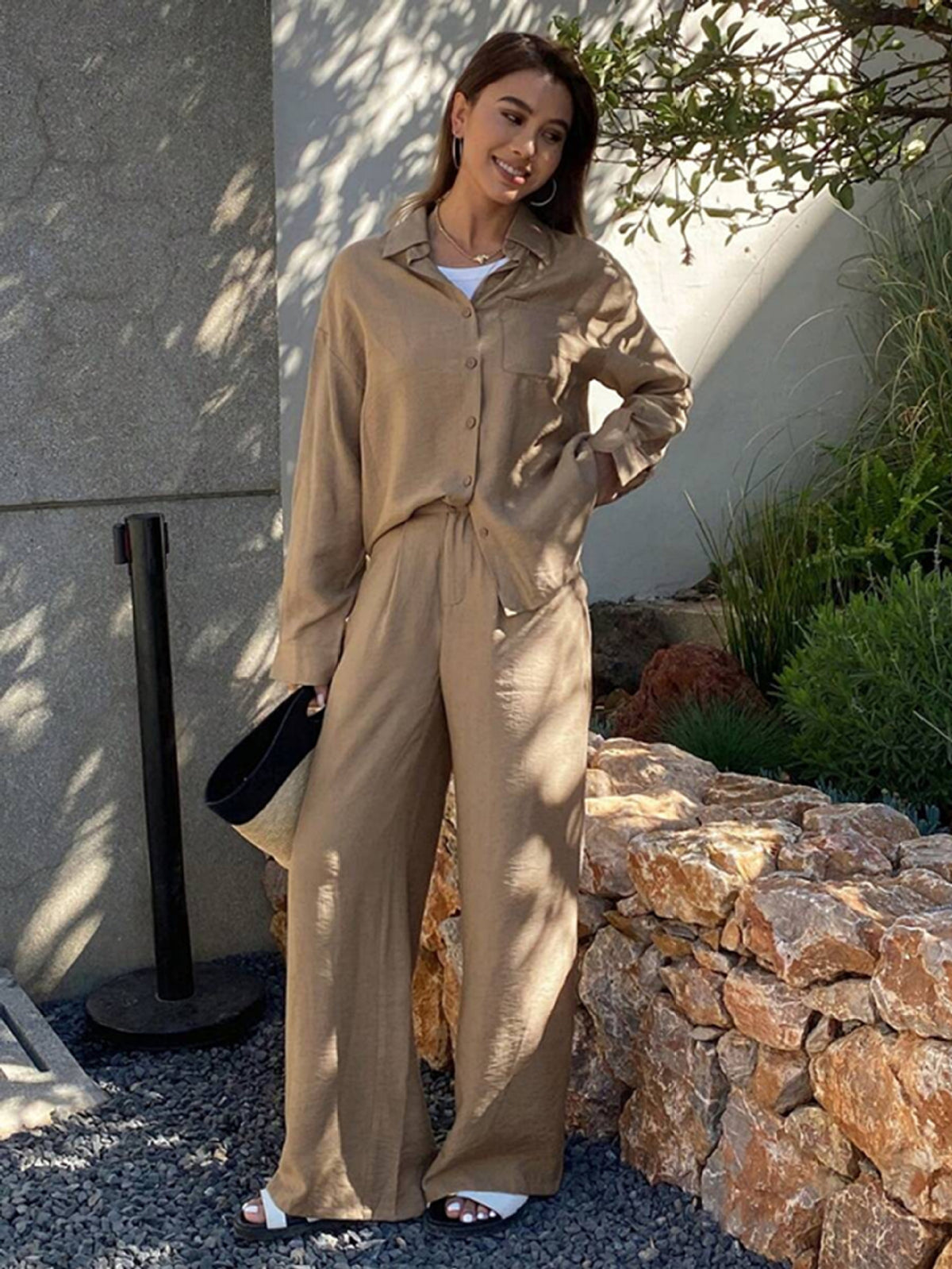 Women 2 Piece Matching Set Button Up Shirt Wide Leg Pants