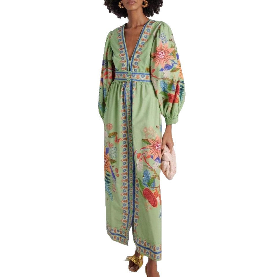 Green Floral Maxi Dress V-Neck Puff Sleeve Boho