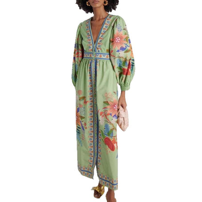Green Floral Maxi Dress V-Neck Puff Sleeve Boho