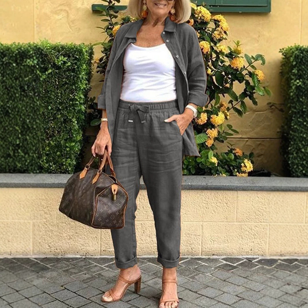 Women's Solid Relaxed Two Piece Pants Set Long Sleeve Top