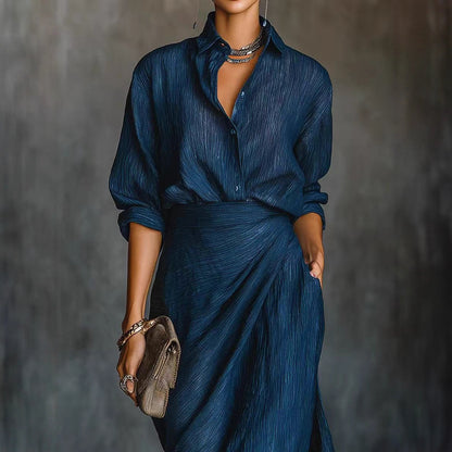 Women's V-Neck Long Sleeve Belted Pleated Midi Dress